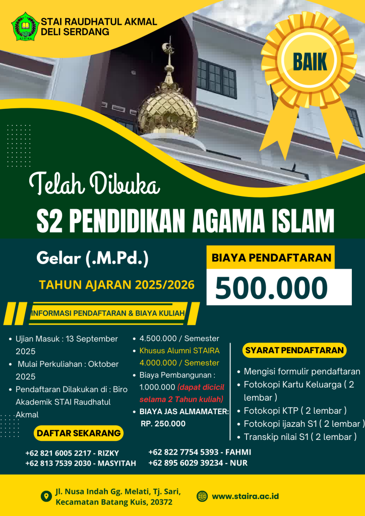 STAI Raudhatul Akmal Deli Serdang Buka Pendaftaran Program Magister S2 Pendidikan Agama Islam
