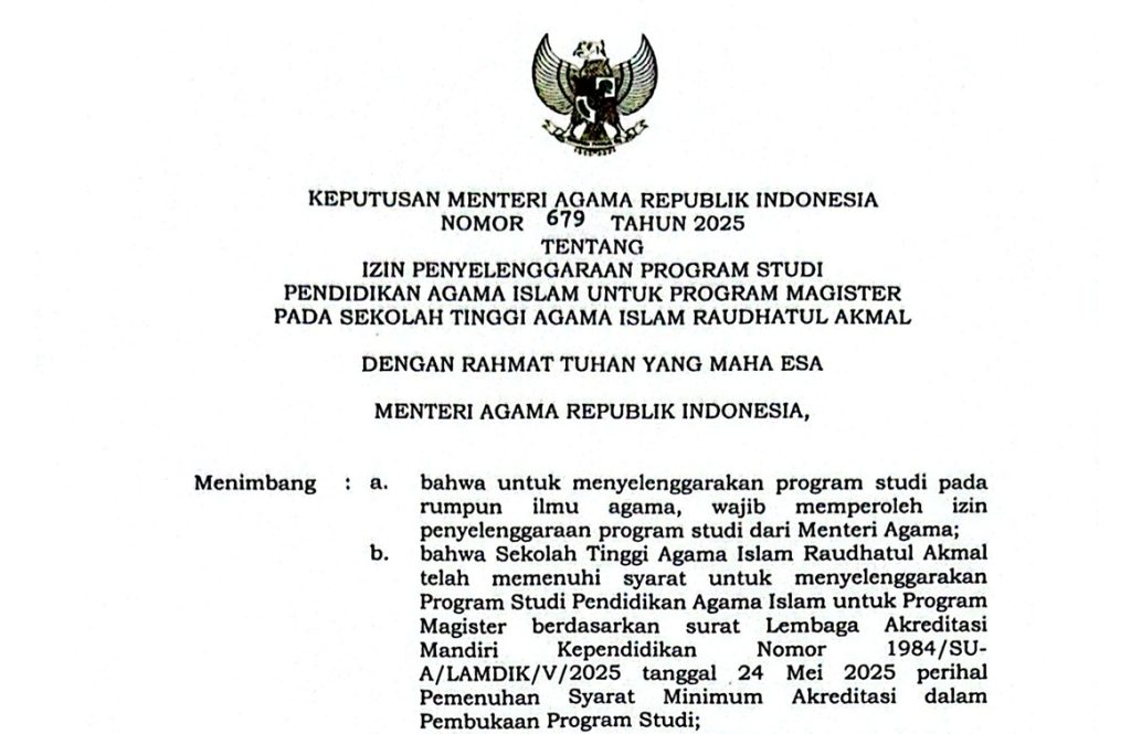 Kabar Gembira! STAI Raudhatul Akmal Resmi Buka Program Magister Pendidikan Agama Islam